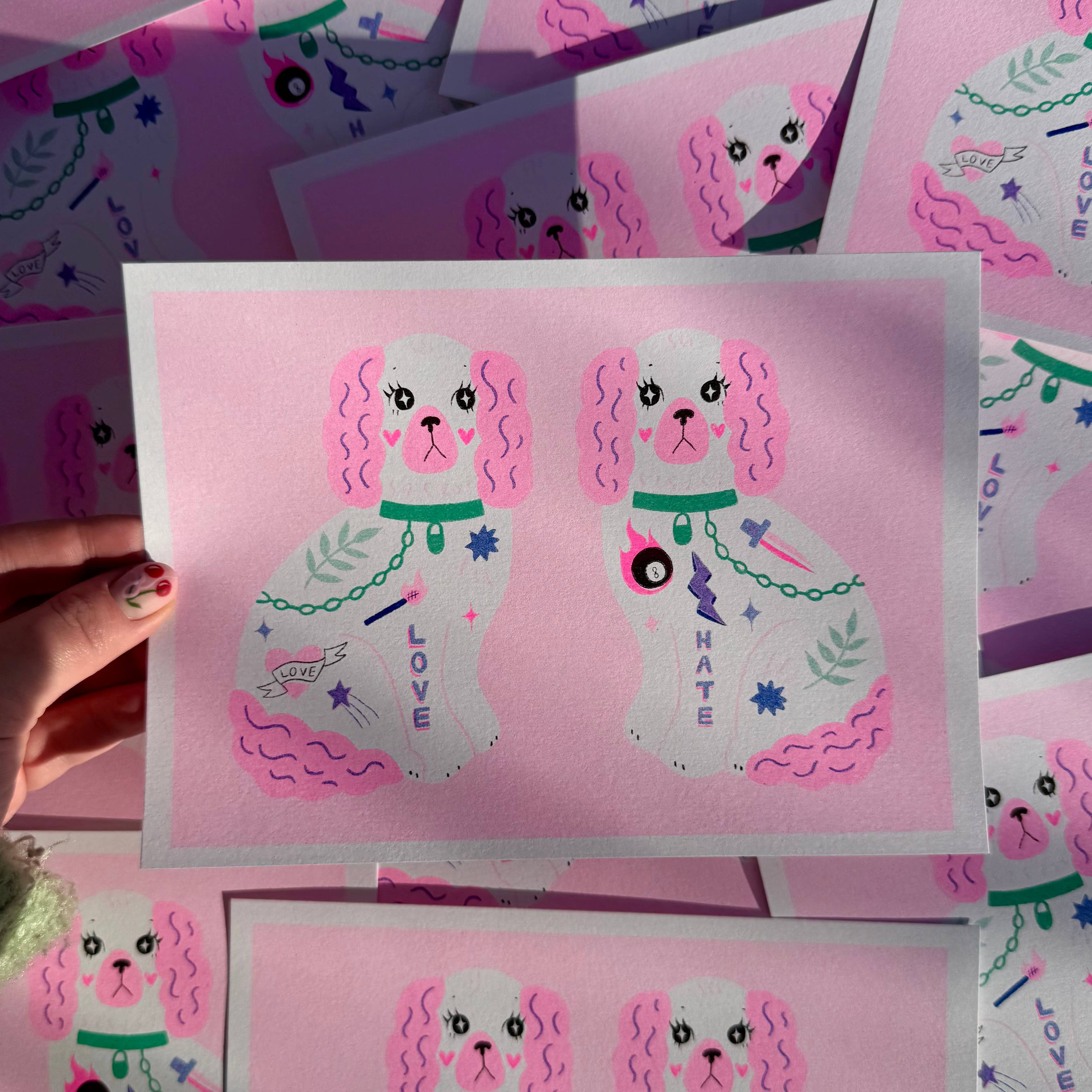 Love / Hate Staffordshire Dogs A5 Risograph Print