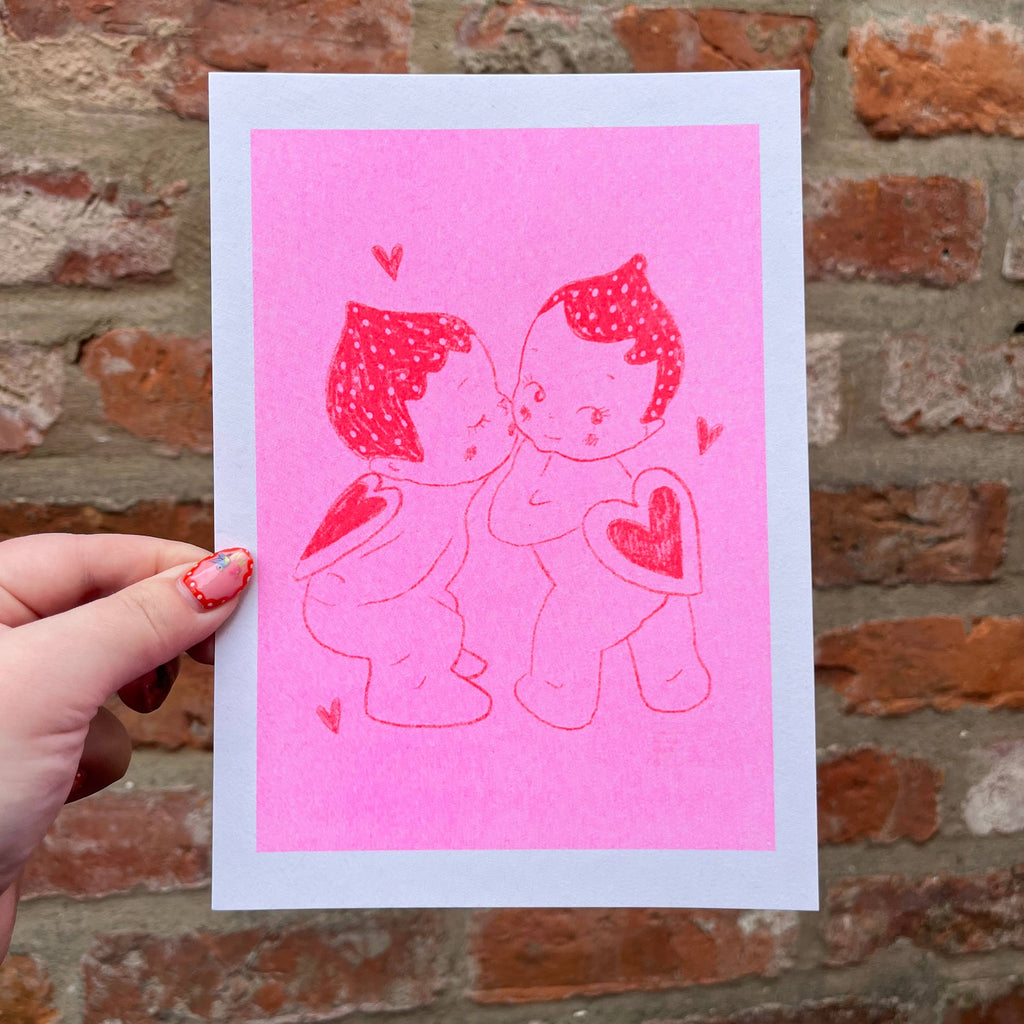 Kissing Kewpies A5 Risograph Print