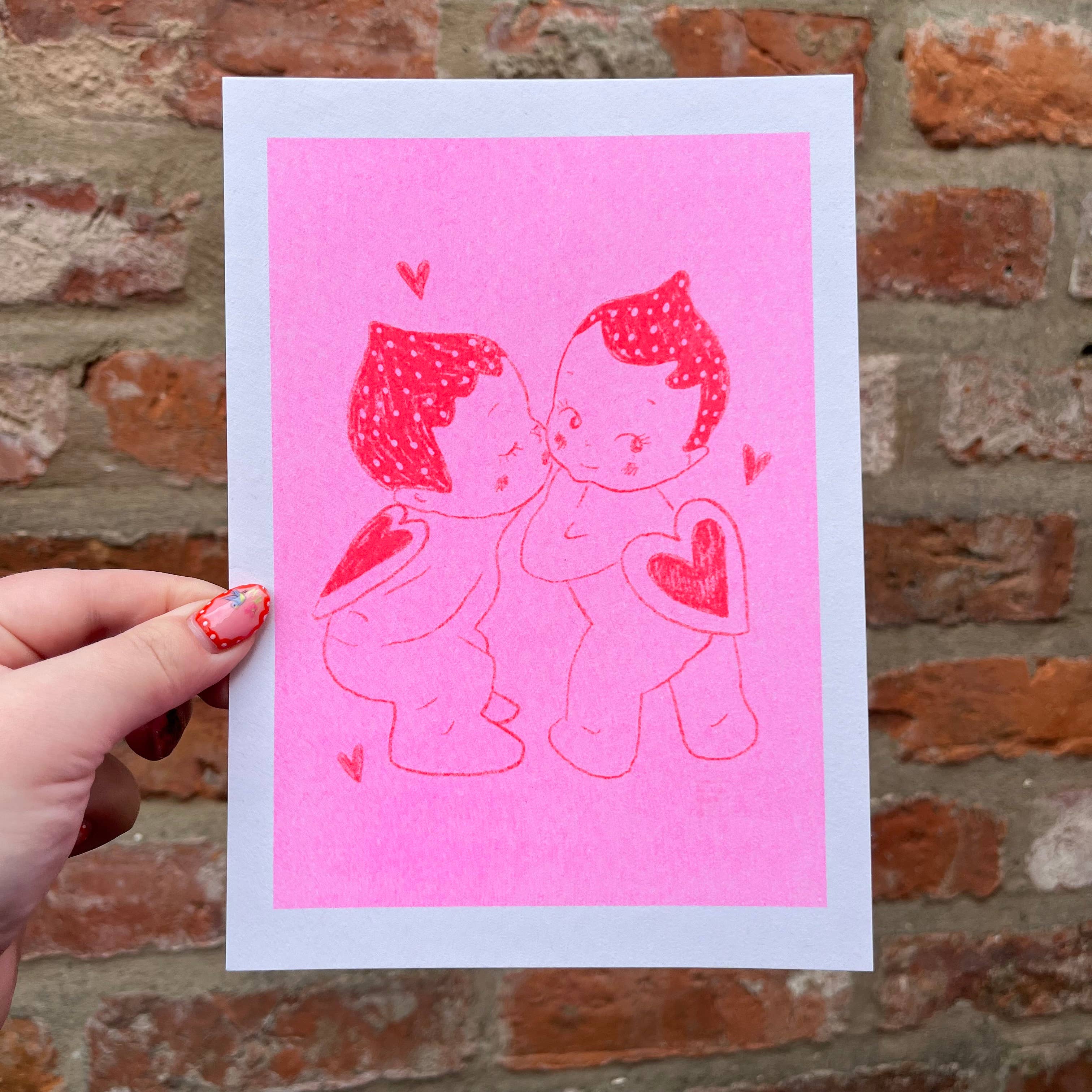 Kissing Kewpies A5 Risograph Print