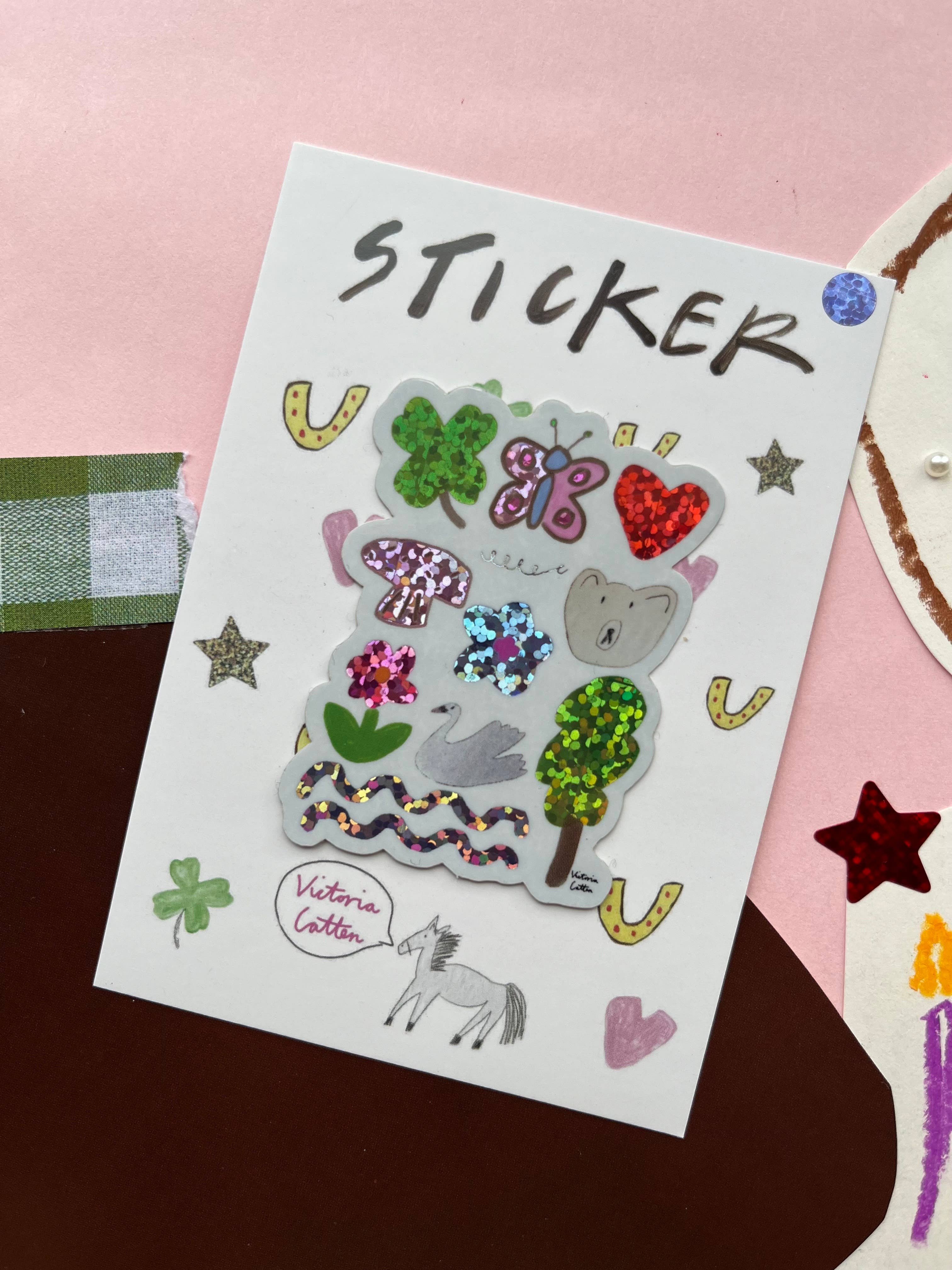 Bear And Swan World Portrait Glitter Sticker