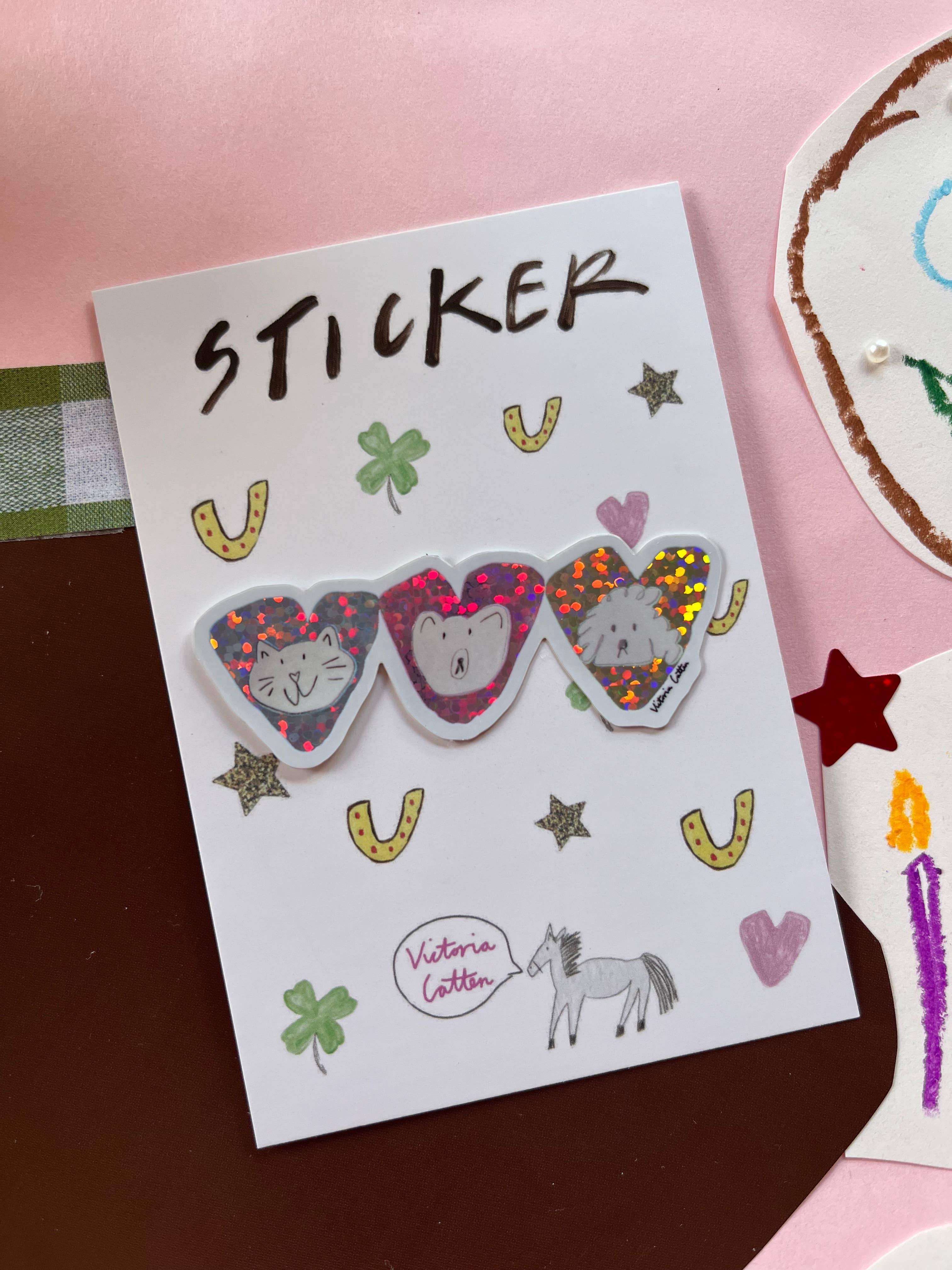 Cat, Bear And Dog Glitter Love Hearts  Vinyl Sticker